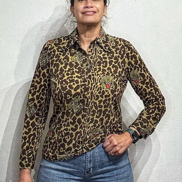 Vintage Brown Animal Print Pullover Blouse Sz XL - Picture 1 of 11